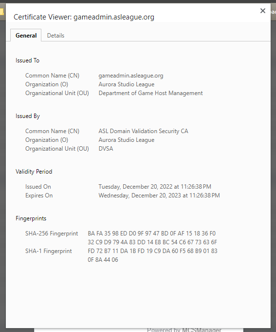 screenshot of viewing a cert issued by our ca.