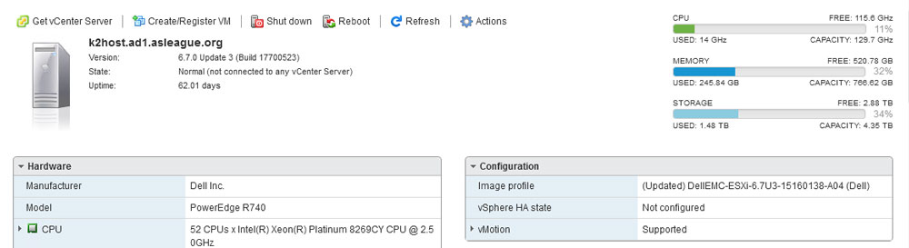 screenshot of ESXi management interfface of k2 host